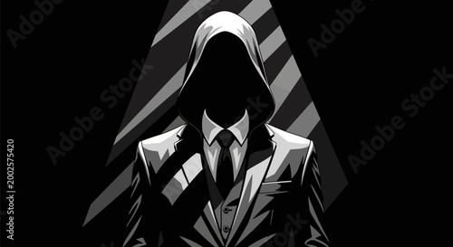 Anonymous figure in a suit and hood symbolizing mystery unknown identity and digital security threats in a dark