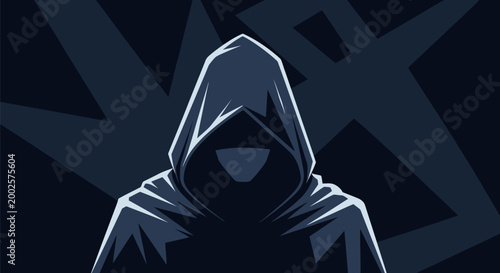 Mysterious hooded figure in dark blue abstract geometric background representing anonymity secrecy and digital threat