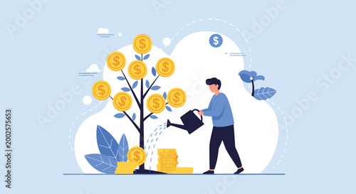 Young man diligently waters a thriving money tree with gold coins growing from its branches as a metaphor for financial growth and investment.