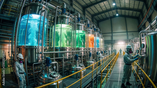 Workers in Protective Gear Operating Large Colorful Chemical Reactor Tanks in Industrial Processing Plant Pharmaceutical Manufacturing Facility Photography