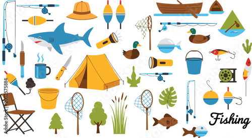 Tableau sur toile Fishing and Camping Outdoor Set in Flat Style, Collection of Rods, Boat, Tent, F