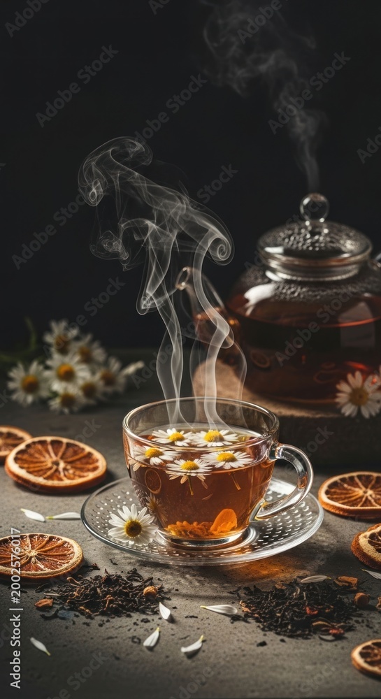 Fototapeta premium Steaming herbal tea with dried oranges and chamomile flowers.