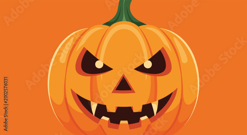 Classic carved Halloween pumpkin with a menacing toothy face and glowing triangular eyes set against a solid bright orange background color.