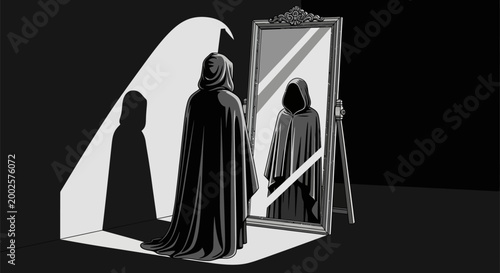 Mysterious cloaked figure in dark room gazes into ornate mirror reflecting altered self dramatic spotlight shadow