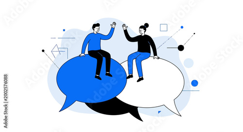 Two diverse people in casual clothing sitting on giant speech bubbles waving and communicating online symbolizing