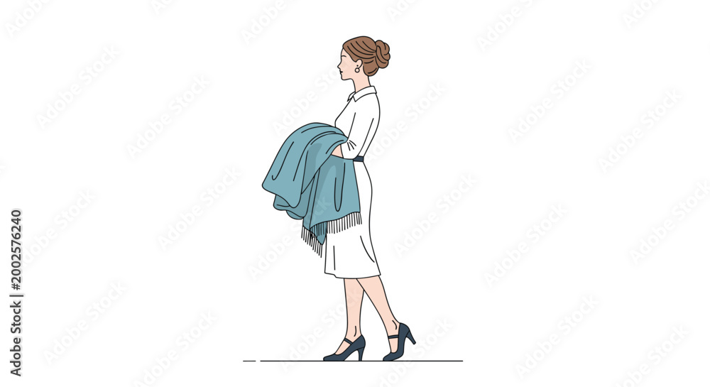 Fototapeta premium Elegant woman with her hair in a bun wears a stylish white midi dress and walks forward while carrying a blue coat over her arm in profile view.