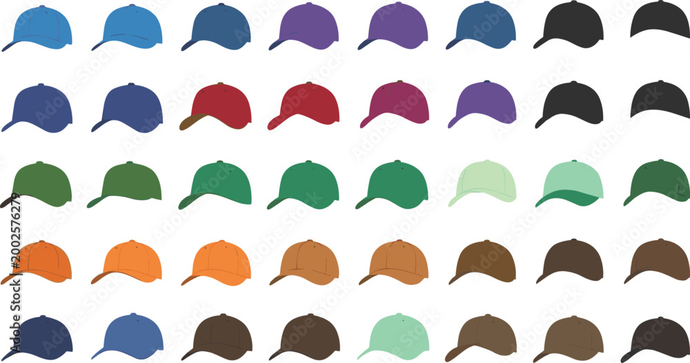 Fototapeta premium Baseball Caps Set in Flat Style, Collection of Colorful Sport Hats and Casual Headwear Vector Illustration