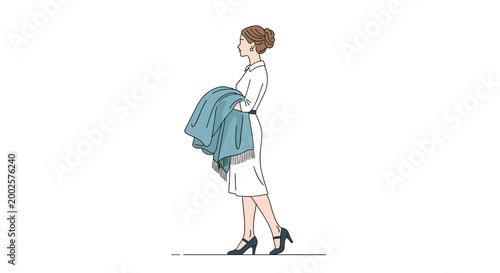 Elegant woman with her hair in a bun wears a stylish white midi dress and walks forward while carrying a blue coat over her arm in profile view.