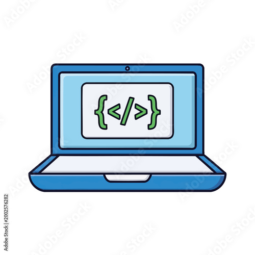 Cartoon laptop icon displaying computer programming code symbol.