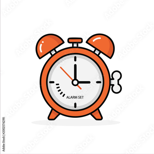 Orange retro alarm clock icon with bells and winding key.