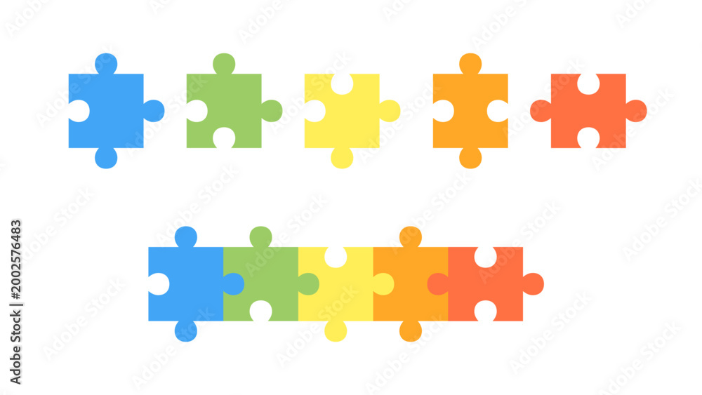 Naklejka premium Colorful jigsaw puzzle pieces set, separate and connected in a row. Vector illustration for teamwork, diversity, partnership, and 5-step business process concept.