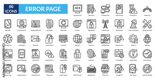 Error Page Line Icon Set. Error, Warning, Alert, Problem, Issue, Failure, Crash