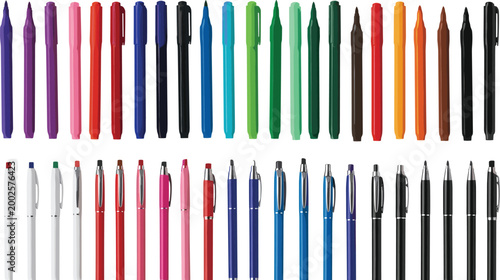 Colorful Pens and Markers Set, Collection of Writing Tools and Office Stationery in Flat Style Vector Illustration