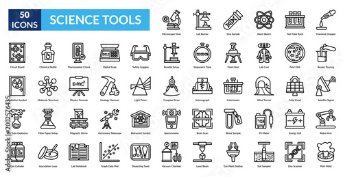 Science Tools Line Icon Set. Microscope View, Lab Burner, Dna Sample, Atom Sketch, Test Tube Rack, Chemical Dropper, Beaker Pouring