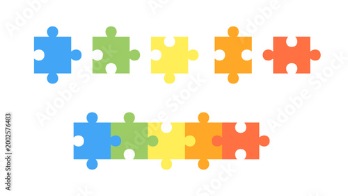 Colorful jigsaw puzzle pieces set, separate and connected in a row. Vector illustration for teamwork, diversity, partnership, and 5-step business process concept.