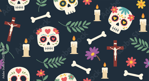 Festive seamless pattern for the day of the dead featuring decorated sugar skulls, flowers, candles, crosses, and bones on a dark background.