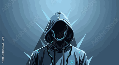 Mysterious hooded figure with faceless glowing eyes radiating an aura of intrigue and digital anonymity