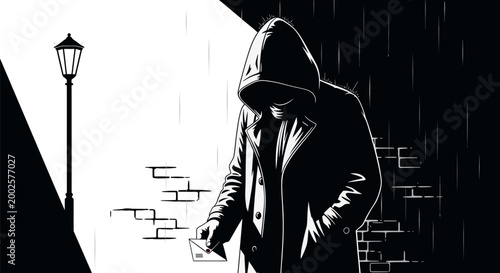 Mysterious hooded figure in dark alley at night holding envelope under street lamp rain falling dramatic contrast noir