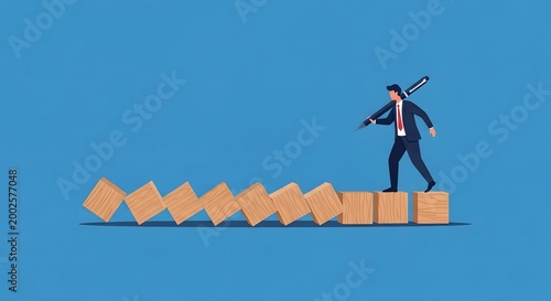 Man in suit knocking down wooden blocks with mallet