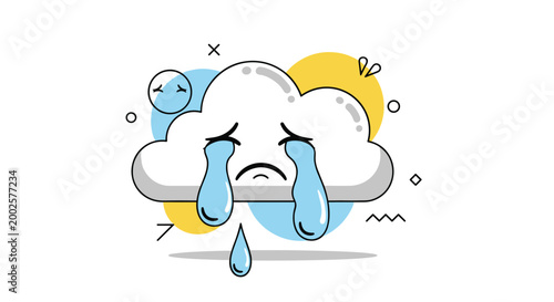 Whimsical cartoon cloud with a sad face shed large blue tears against a background of abstract shapes and decorative symbols in a flat style.