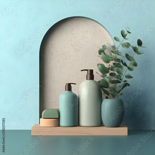 Decorative vases with eucalyptus on a wooden shelf against a blue wall
