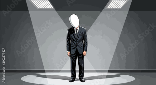Anonymous businessman in sharp suit stands alone under spotlights on empty stage symbolizing isolation anonymity