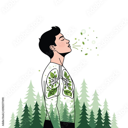 Illustration of a man breathing fresh air with lungs made of leaves, surrounded by a forest, symbolizing environmental health and clean living.