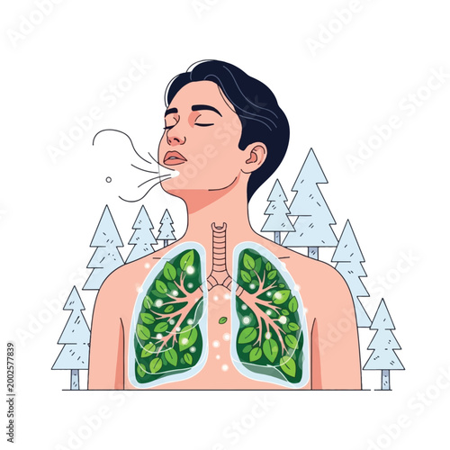 A person breathing fresh air with healthy lungs depicted as green leaves in a natural environment illustration.