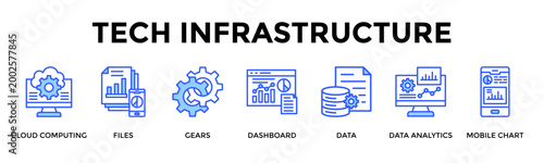 Tech Infrastructure  Banner Web  Icon Set Collection Pack Vector Illustration Concept Containing Cloud Computing, Files, Gears, Dashboard, Data, Data Analytics, Mobile Chart