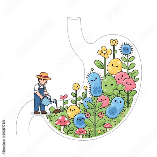 Cartoon illustration of a farmer watering a garden of cute microbes and plants inside a human stomach, symbolizing a healthy gut microbiome.