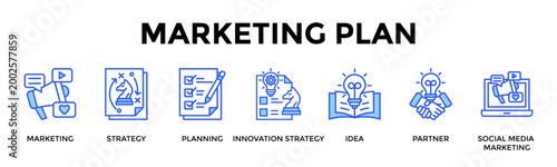 Marketing Plan  Banner Web  Icon Set Collection Pack Vector Illustration Concept Containing Marketing, Strategy, Planning, Innovation Strategy, Idea, Partner, Social Media Marketing