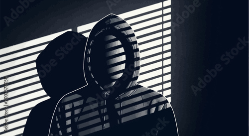 Mysterious figure in hooded sweatshirt casting long shadow against blinds symbolizing anonymity and hidden identity