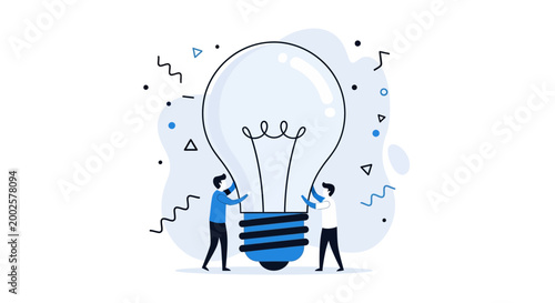 Two tiny stylized people work together on a giant glowing light bulb symbolizing innovation and teamwork