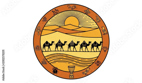 A vintage style circular illustration depicts a desert caravan scene with ancient egyptian symbols and motifs evoking a sense of history