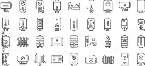 Water Heater and Boiler Line Icons Set, Collection of Electric and Gas Heating Systems and Plumbing Devices Vector Illustration