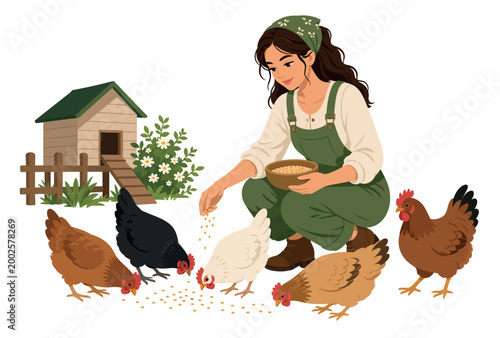 Tableau sur toile Woman Feeding Domestic Chickens.