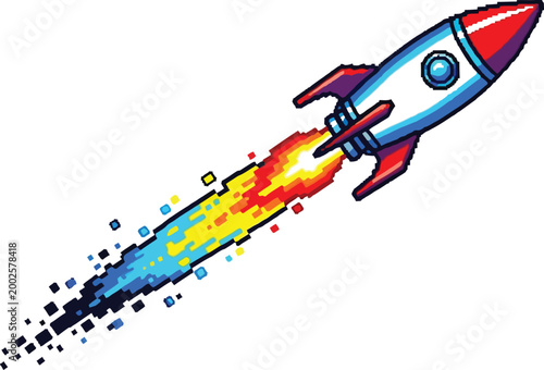 Pixel art rocket vector illustration with colorful fire trail launching upwards