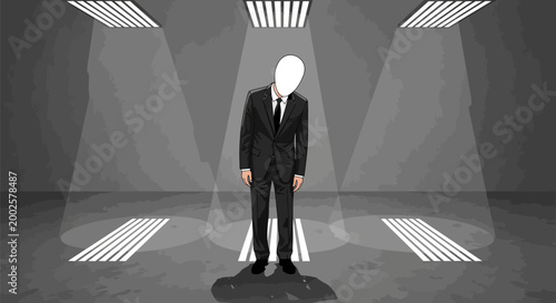 Faceless man in black suit stands alone in dark ominous room with eerie lighting effects