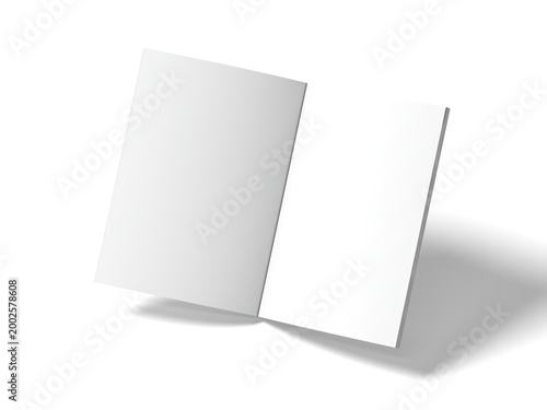 Fotografie Perspective view mockup of an open blank magazine floating with shadows on white