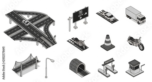 Collection of isometric transportation and infrastructure elements.