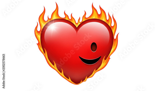 A fiery heart with a winking smile an emblem of passionate love and intense emotion
