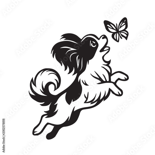 Vector art of an adorable dog jumping excitedly as it chases a delicate butterfly, designed with soft lines and a cheerful mood, perfect for a cute and lively illustration.