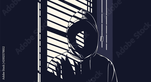 Person wearing hoodie standing in front of window with blinds dark background silhouette