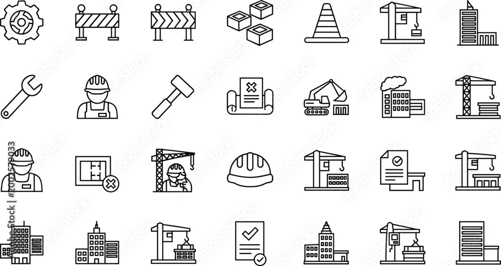 Fototapeta premium Construction and Engineering Line Icons Set, Collection of Building, Tools, Workers and Infrastructure Symbols Vector Illustration