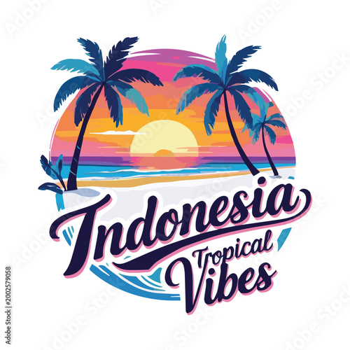 Tropical Indonesia comes alive in this vector art sticker, showcasing a stunning beach sunset with glowing orange skies, gentle waves, and lush palm silhouettes in a calm scene.