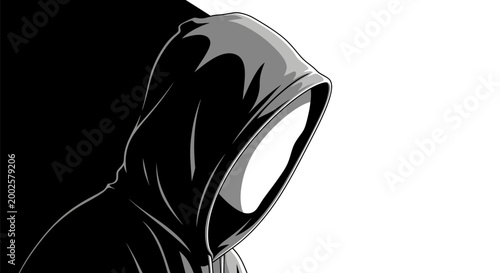 Mysterious hooded figure in black with white background anonymous person with hidden face