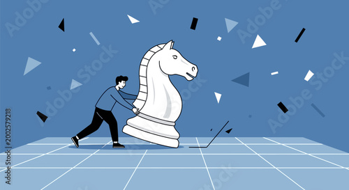 Man pushing large white chess knight piece on grid floor with floating shapes around