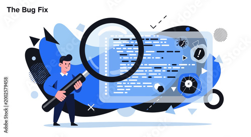 Man fixing bug in code on computer screen with magnifying glass software development concept