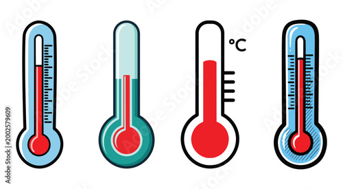 Set of four colorful thermometers showing different levels of heat and temperature