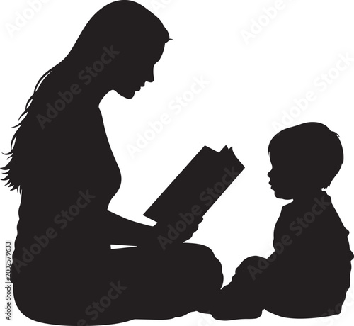 Mother reading book to child silhouette, black vector illustration of parent and toddler, family storytelling and early childhood education concept